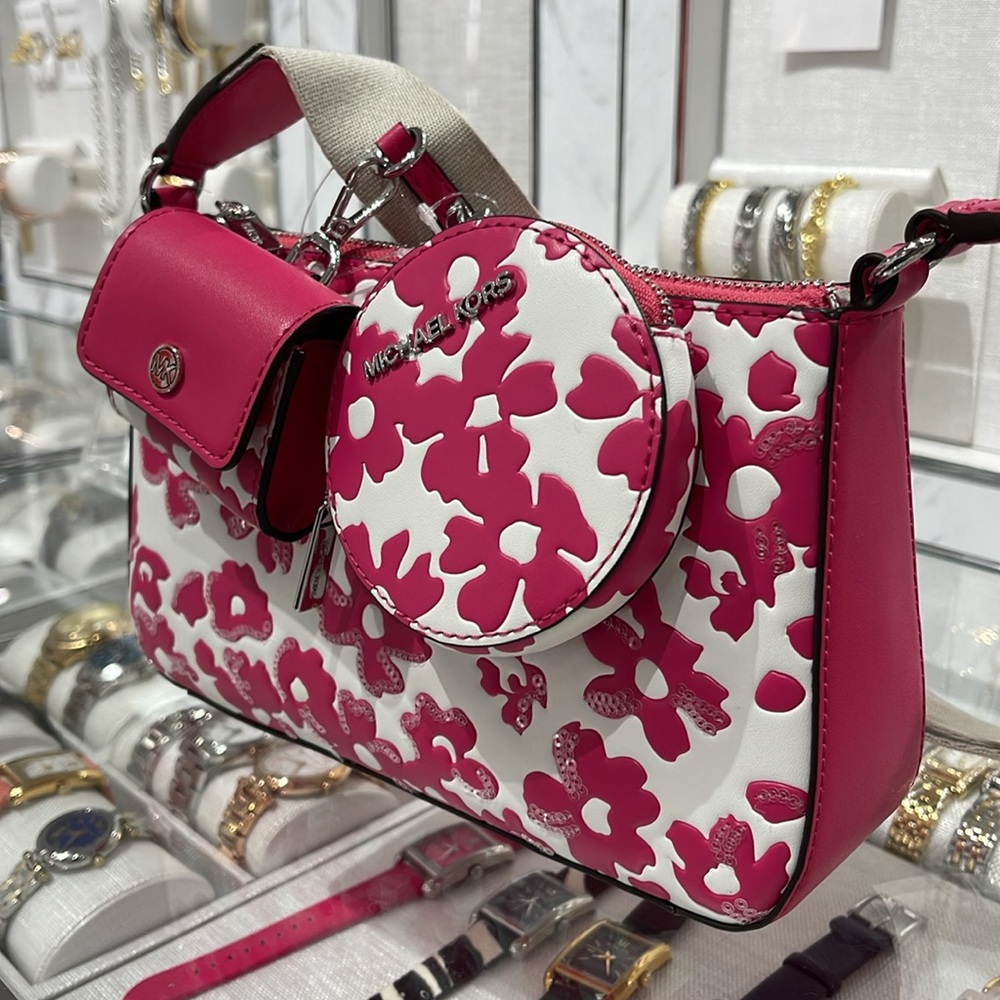 Michael Kors Jet Set Sm Sequined Floral Print Crossbody Case for Apple Airpods - Picture 2 of 16